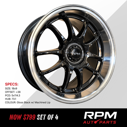 18″ RPM Wheels 18x9 +38 5x114.3 | Gloss Black w/ Machined Lip